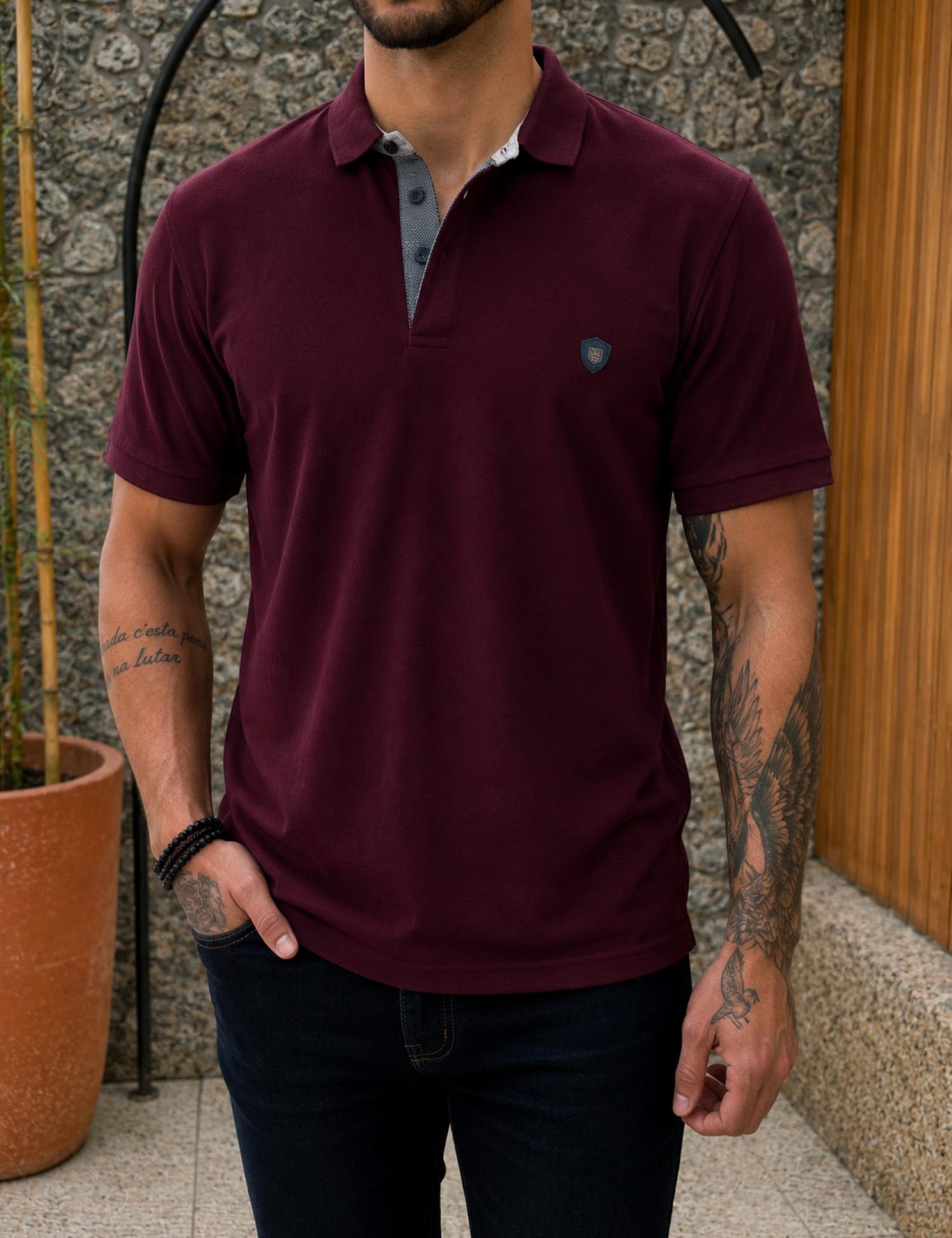 Everbest ανδρική μπορντό πικέ Polo μπλούζα Plus Size 262834B - Everbest - 